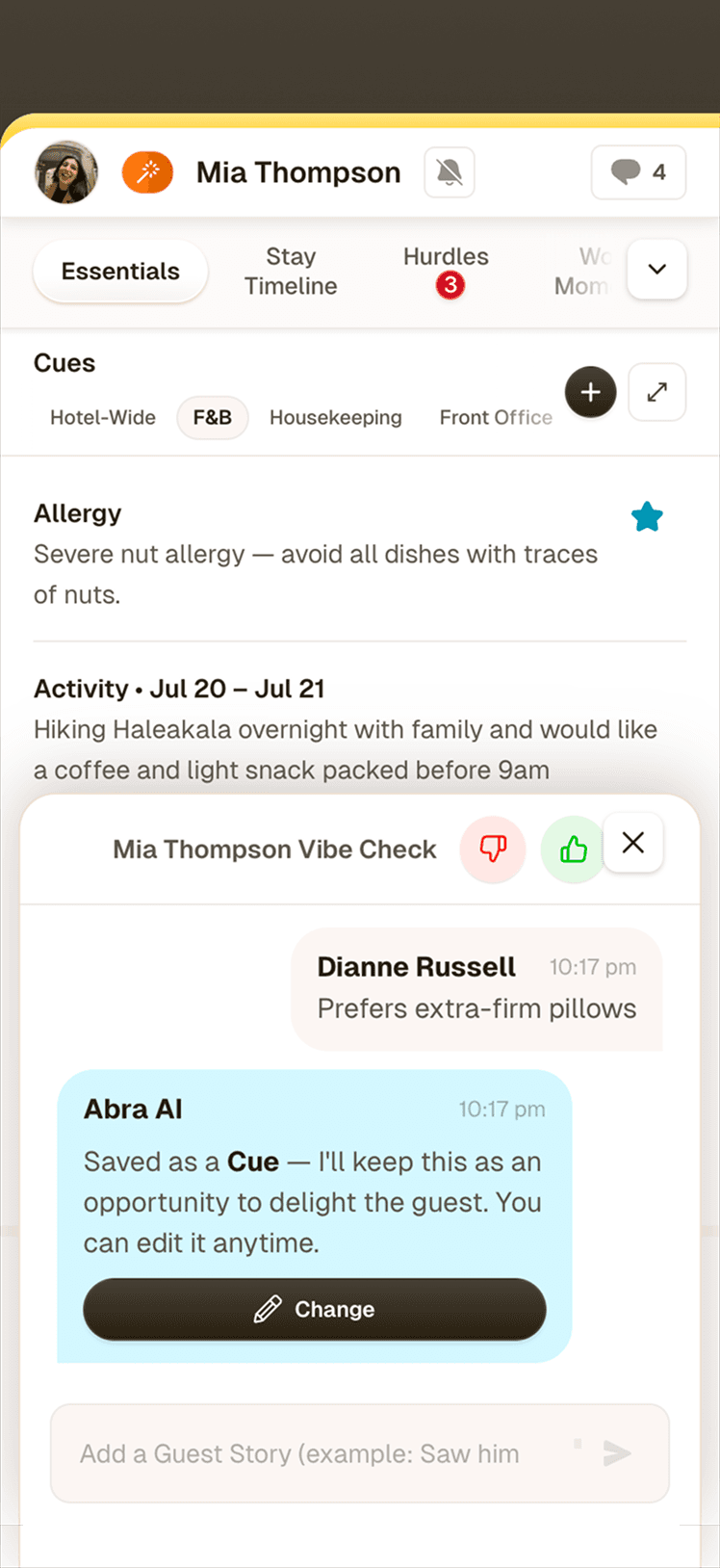 Abra mobile app showing a guest profile with cues and AI insights