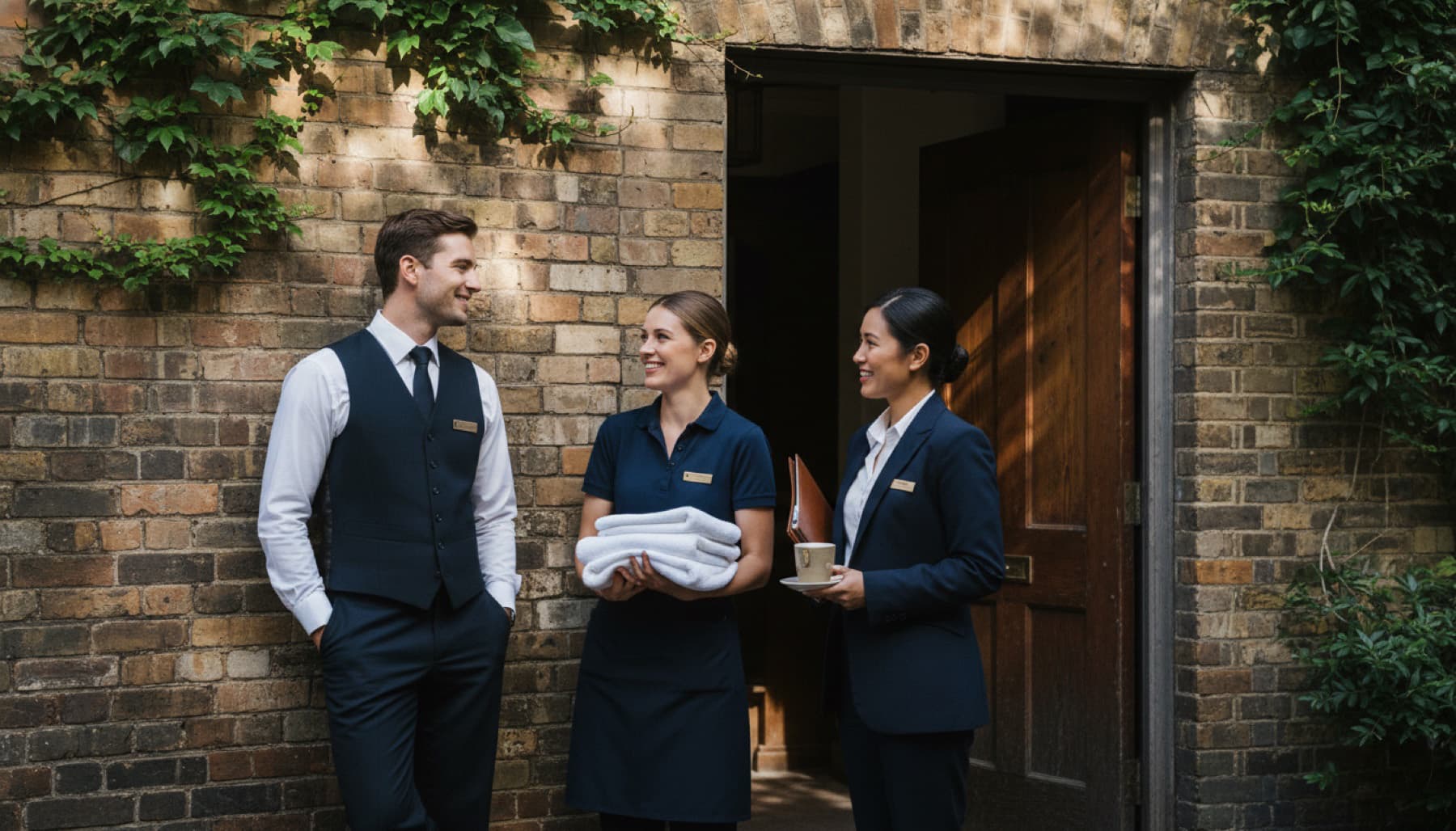 Three hotel staff members from different departments chatting outside an ivy-covered brick service entrance, a bellhop in a vest, a housekeeper holding fresh towels, and a concierge with a coffee cup, dappled morning sunlight filtering through tree branches.